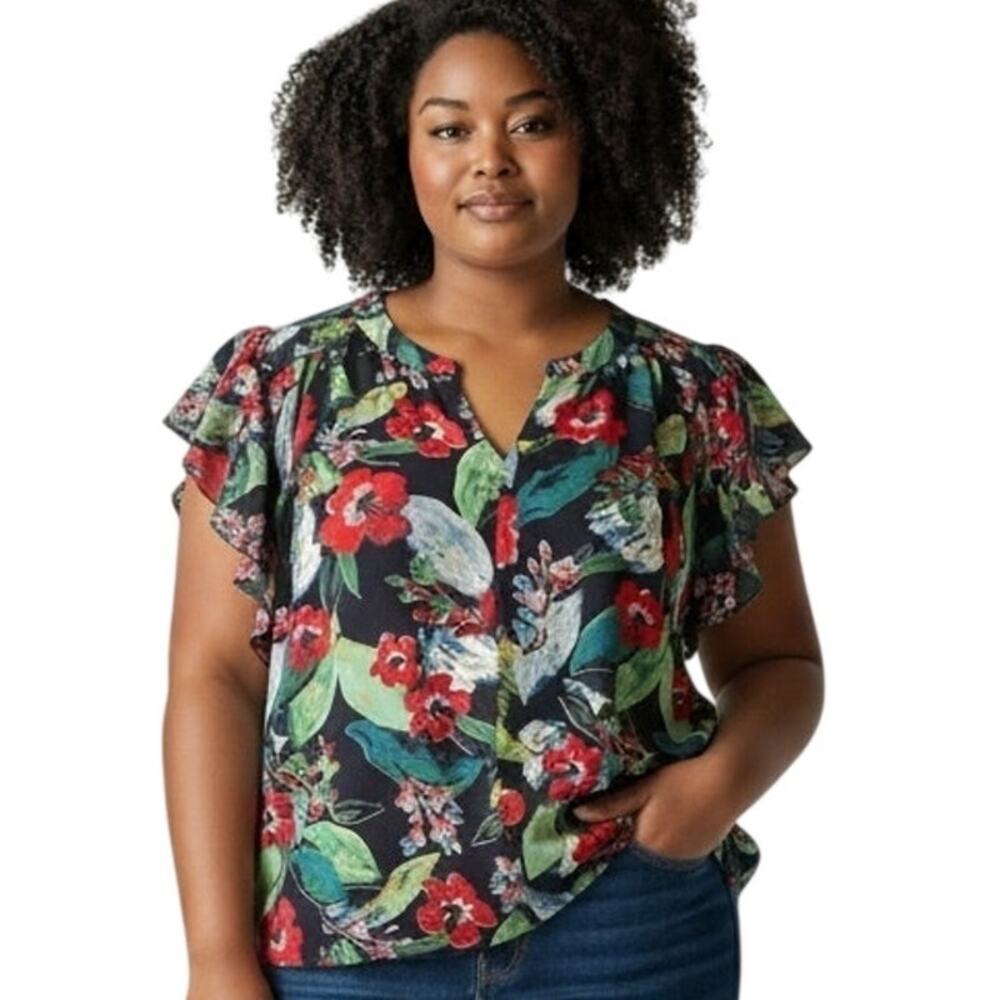 Zac & Rachel Woman Floral Ruffled Top Womens Size 2X Navy Tropical Casual Blouse